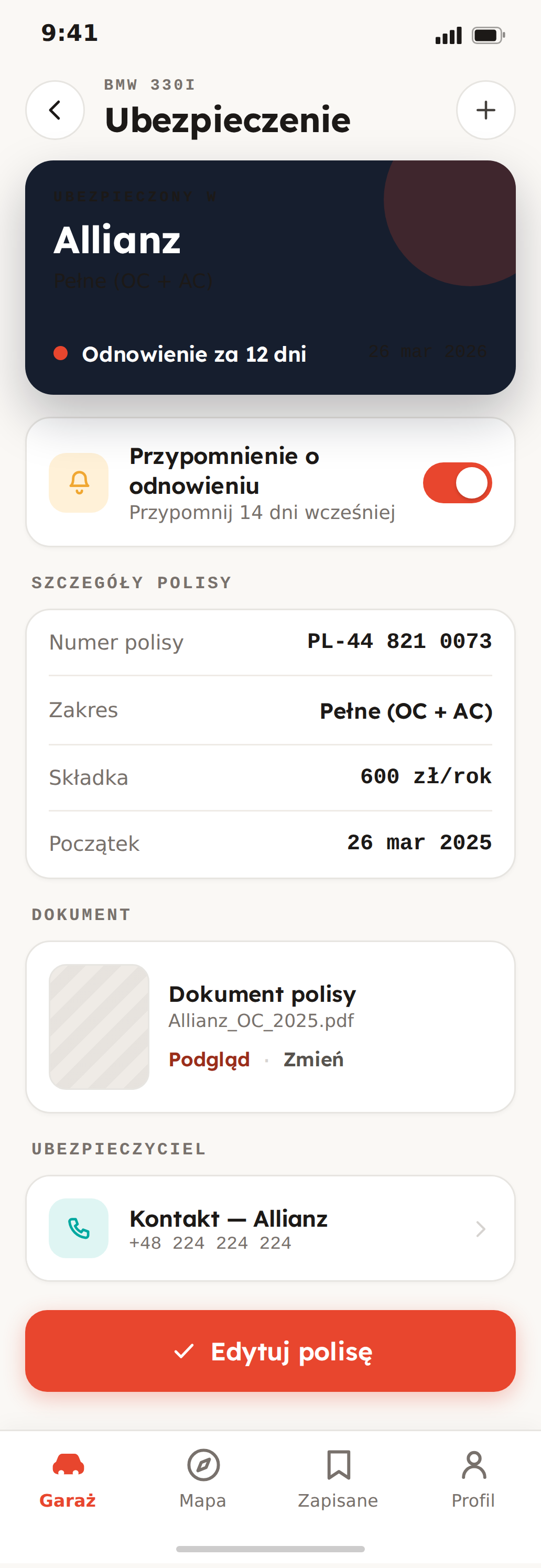 CarMate — Przypomnienia OC