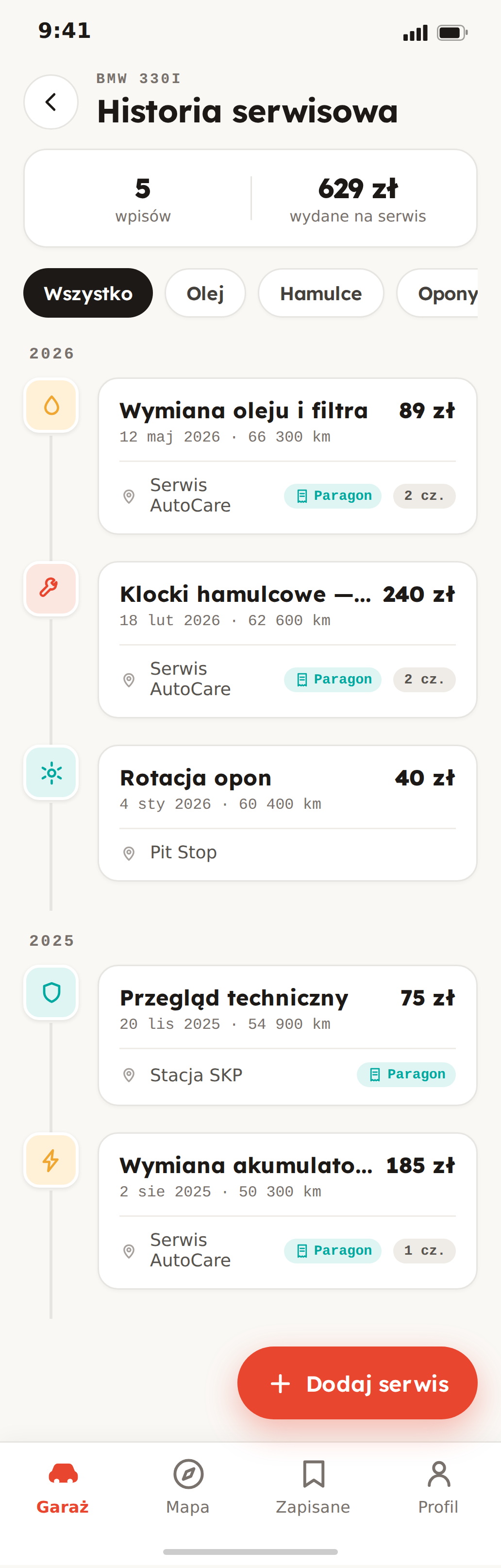 CarMate — Historia serwisowa